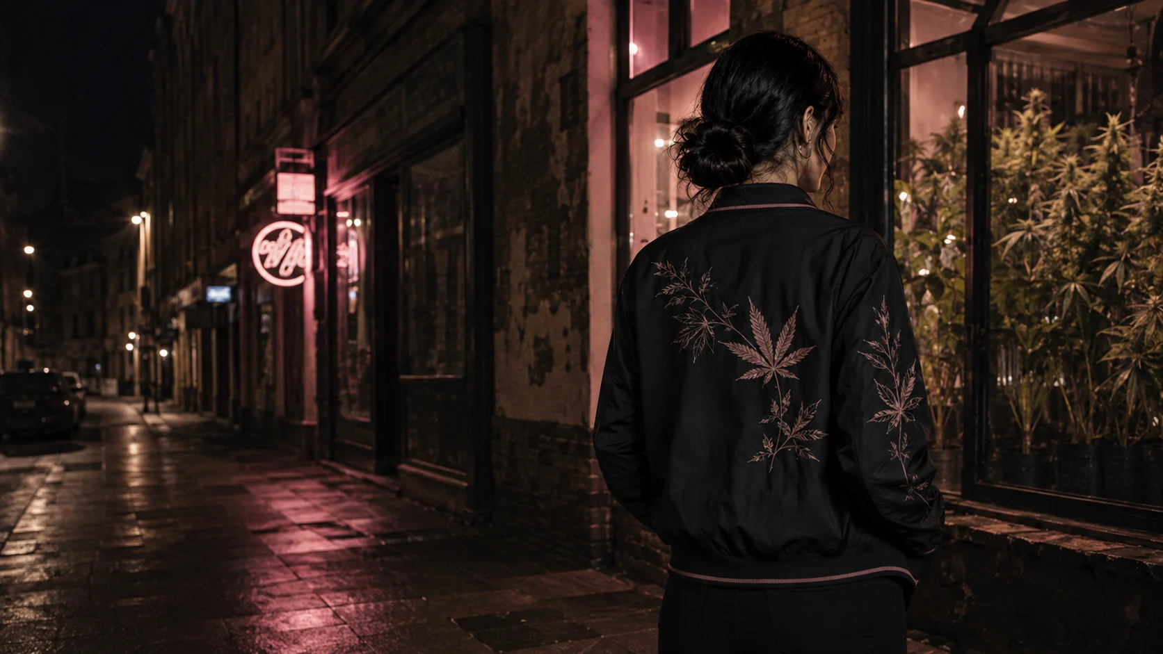 Woman wearing a black hemp-embroidered jacket on a neon-lit street